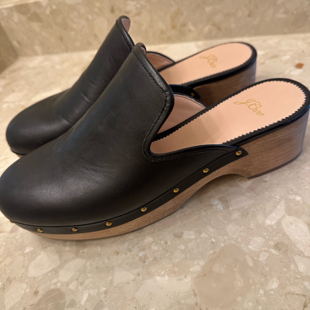 J. Crew Black Leather Mules with Wooden Heel